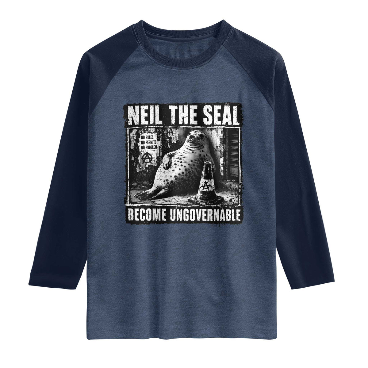 Punk Rock Neil the Seal Become Ungovernable Poster Style Raglan Shirt Funny Viral Chaotic Elephant Seal Traffic Cone Meme
