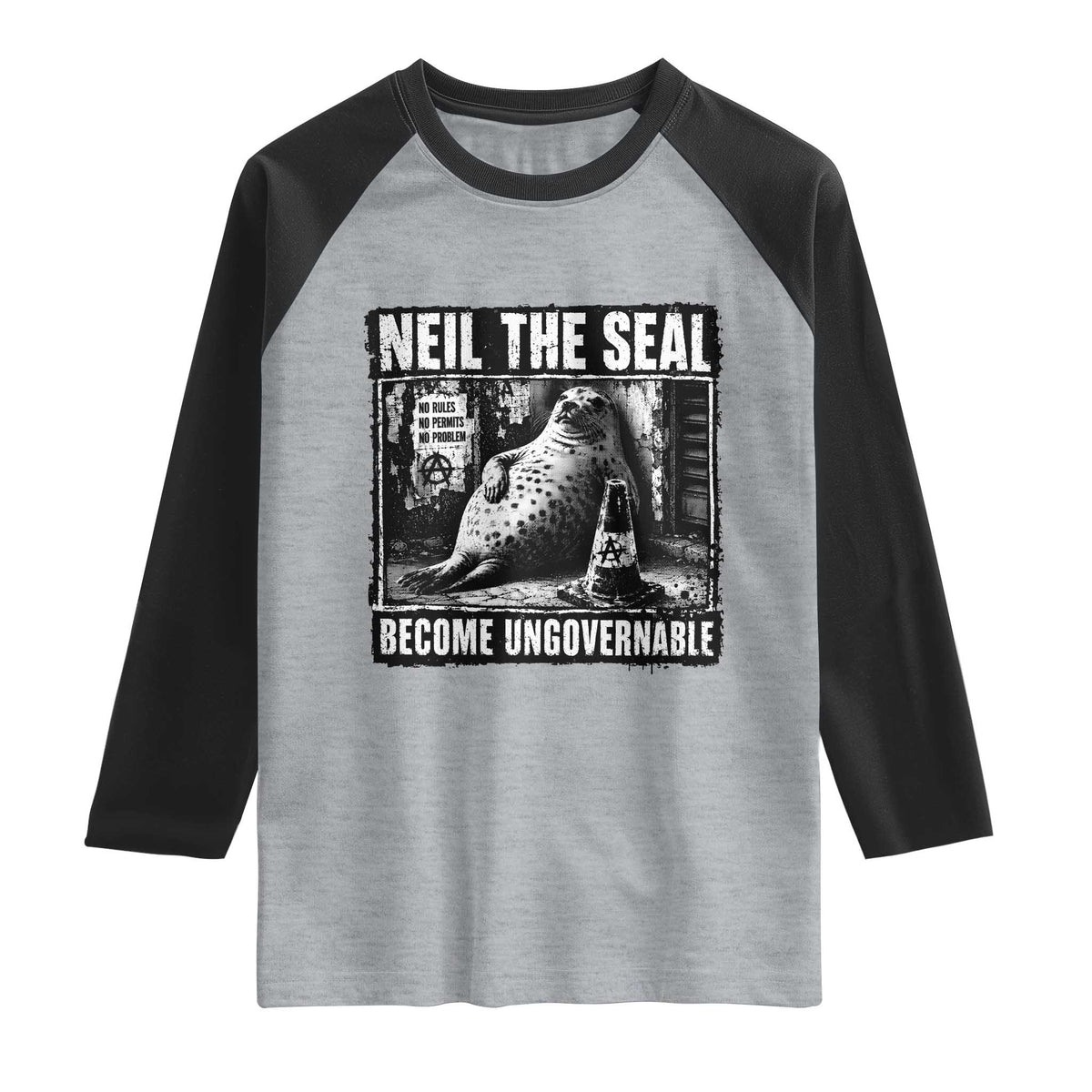Punk Rock Neil the Seal Become Ungovernable Poster Style Raglan Shirt Funny Viral Chaotic Elephant Seal Traffic Cone Meme