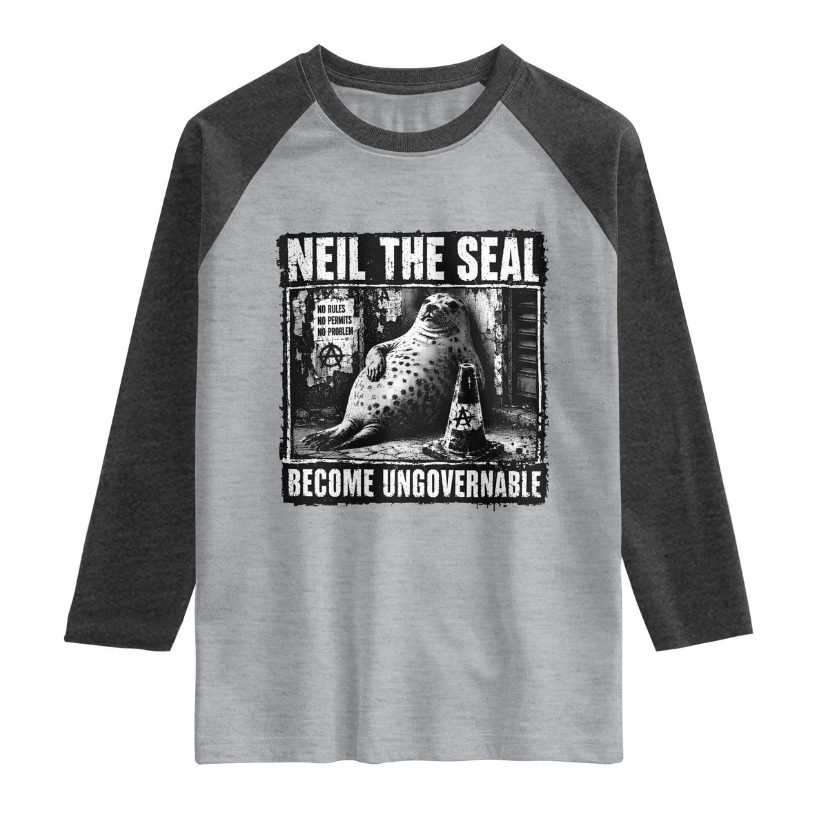 Punk Rock Neil the Seal Become Ungovernable Poster Style Raglan Shirt Funny Viral Chaotic Elephant Seal Traffic Cone Meme