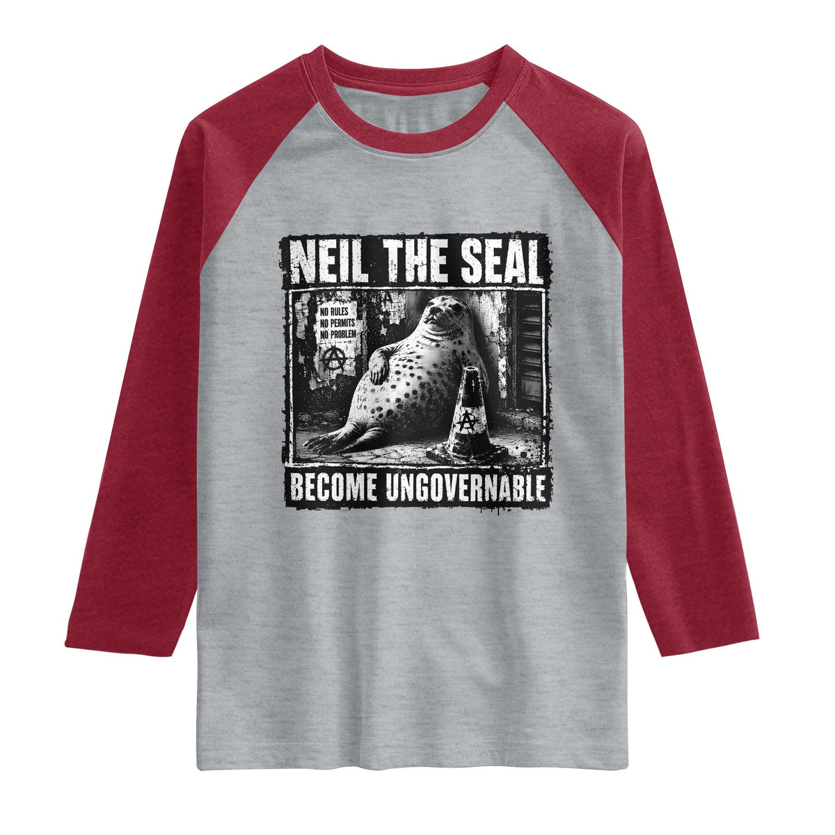 Punk Rock Neil the Seal Become Ungovernable Poster Style Raglan Shirt Funny Viral Chaotic Elephant Seal Traffic Cone Meme
