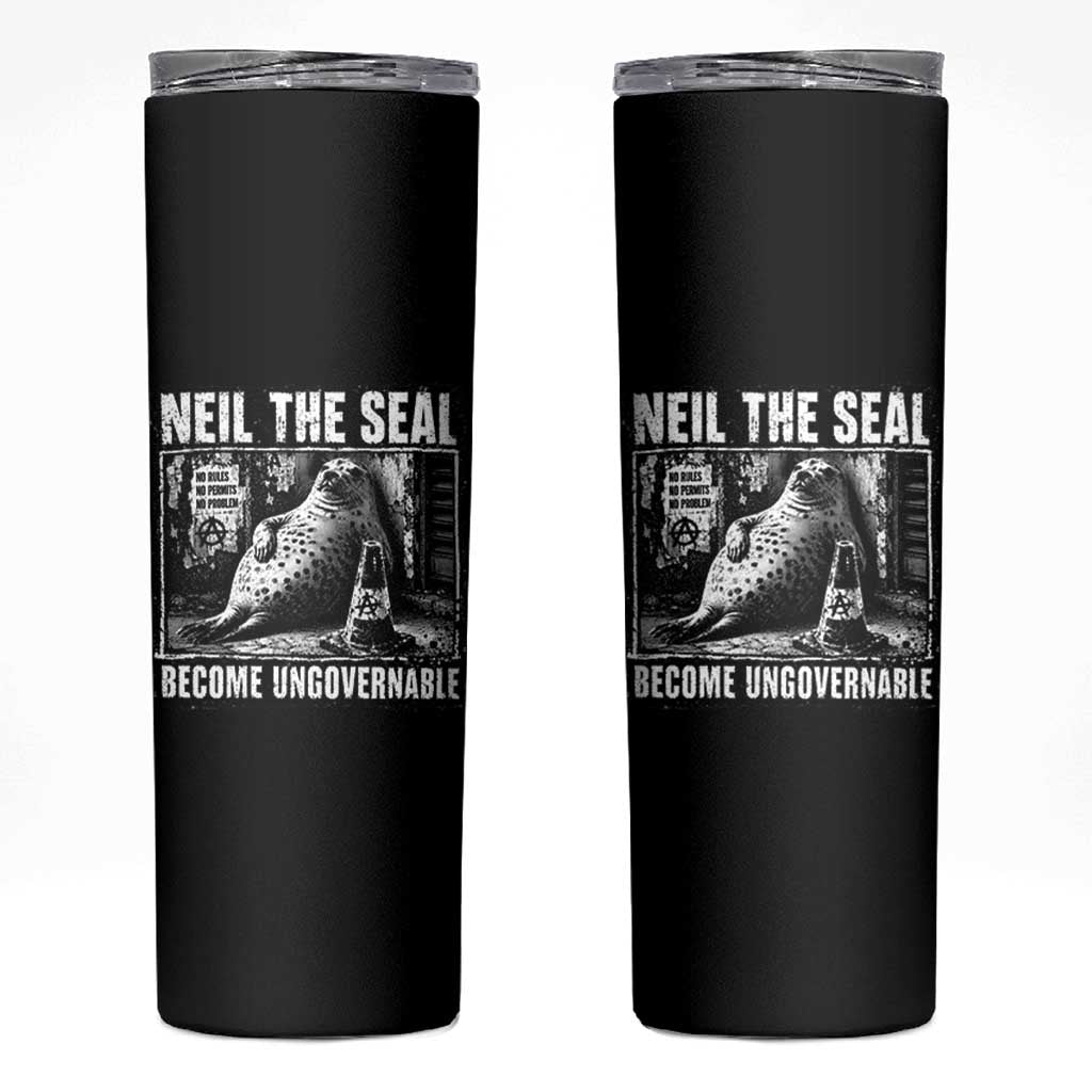 Punk Rock Neil the Seal Become Ungovernable Poster Style Skinny Tumbler Funny Viral Chaotic Elephant Seal Traffic Cone Meme