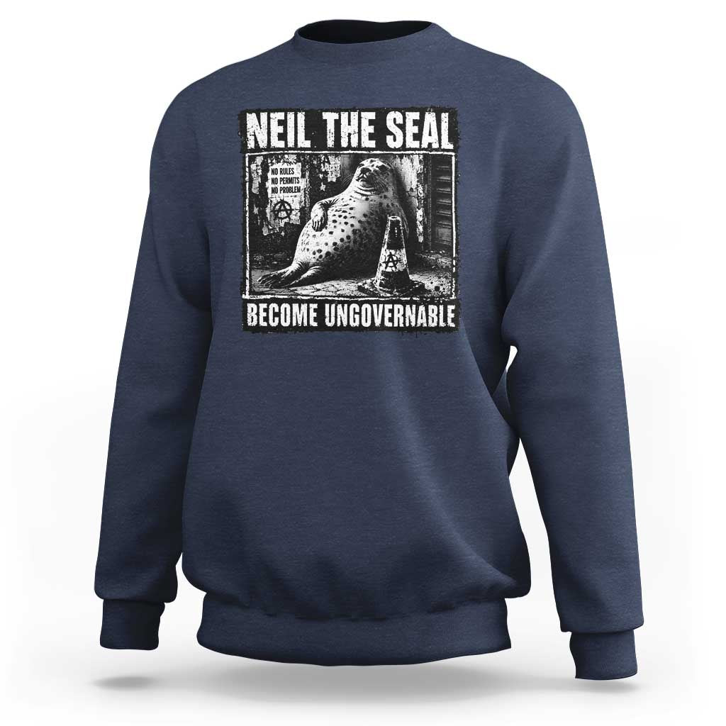 Punk Rock Neil the Seal Become Ungovernable Poster Style Sweatshirt Funny Viral Chaotic Elephant Seal Traffic Cone Meme