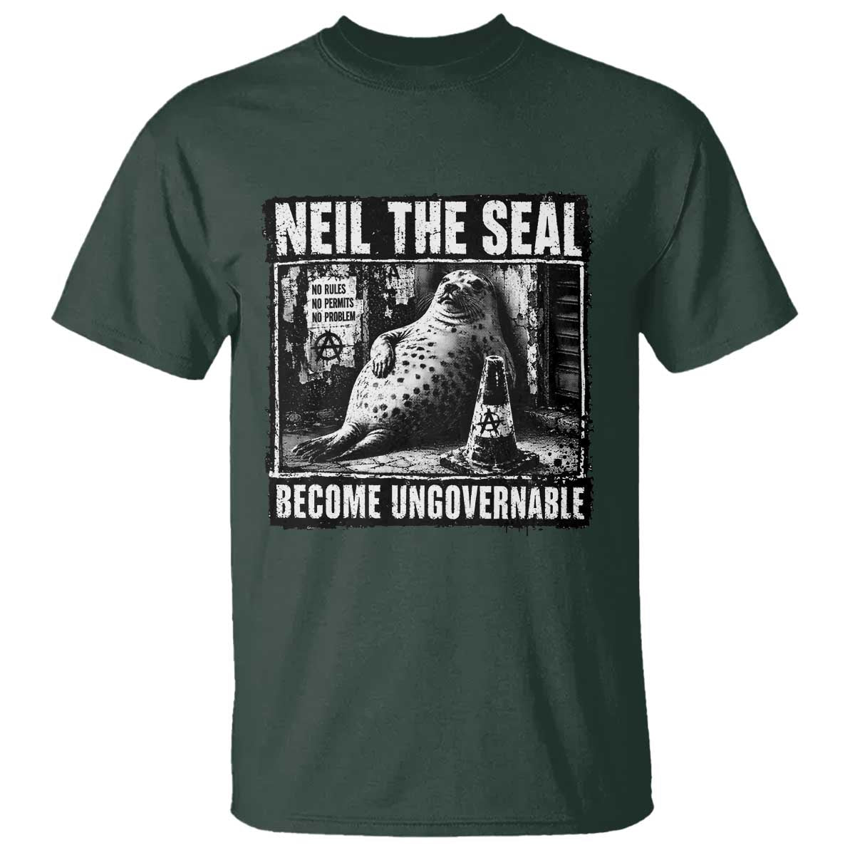Punk Rock Neil the Seal Become Ungovernable Poster Style T Shirt Funny Viral Chaotic Elephant Seal Traffic Cone Meme