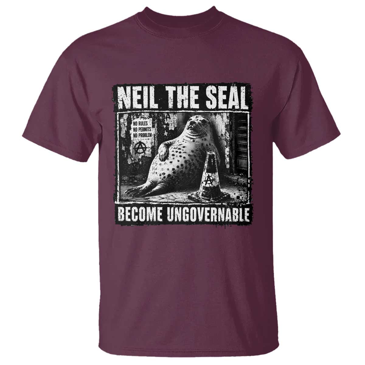 Punk Rock Neil the Seal Become Ungovernable Poster Style T Shirt Funny Viral Chaotic Elephant Seal Traffic Cone Meme