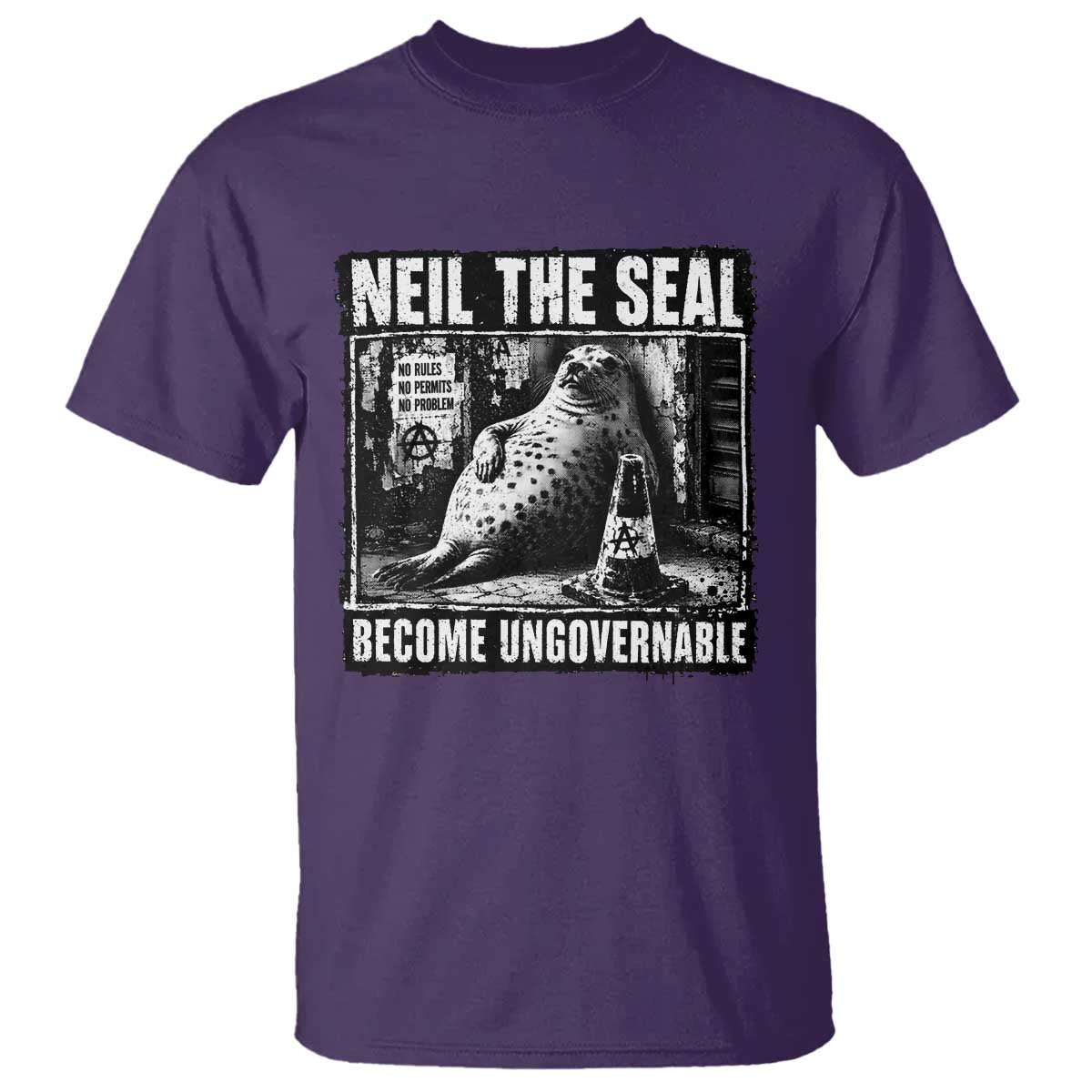 Punk Rock Neil the Seal Become Ungovernable Poster Style T Shirt Funny Viral Chaotic Elephant Seal Traffic Cone Meme
