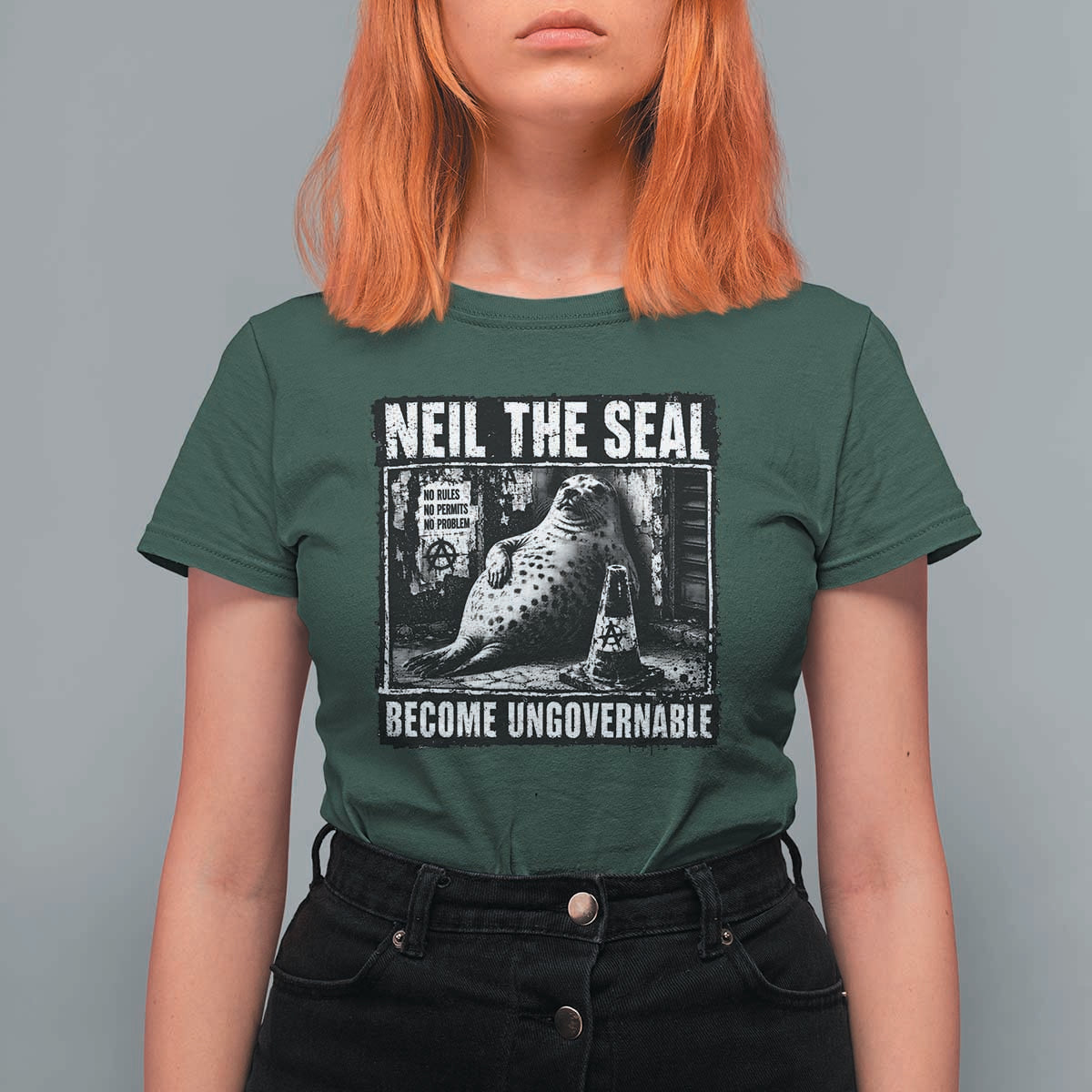 Punk Rock Neil the Seal Become Ungovernable Poster Style T Shirt For Women Funny Viral Chaotic Elephant Seal Traffic Cone Meme