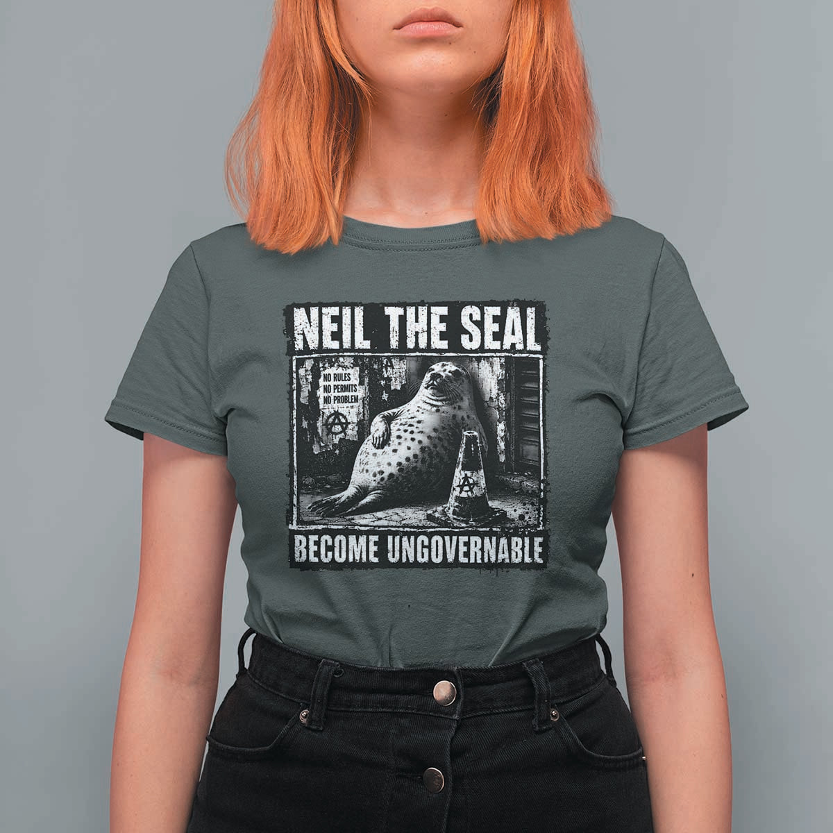 Punk Rock Neil the Seal Become Ungovernable Poster Style T Shirt For Women Funny Viral Chaotic Elephant Seal Traffic Cone Meme