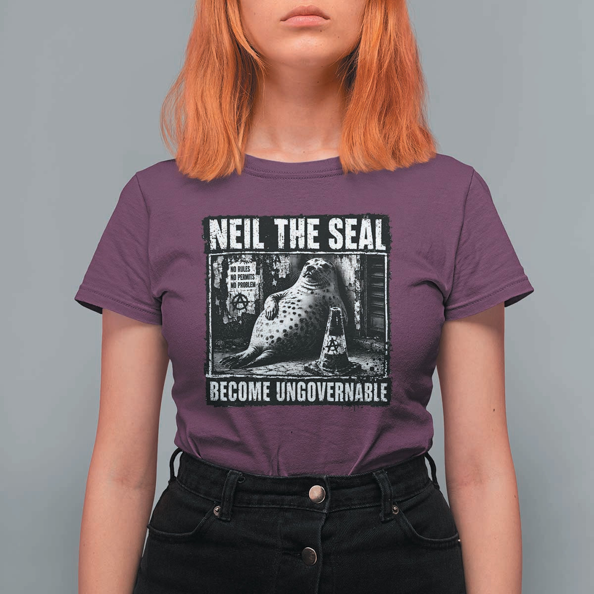 Punk Rock Neil the Seal Become Ungovernable Poster Style T Shirt For Women Funny Viral Chaotic Elephant Seal Traffic Cone Meme