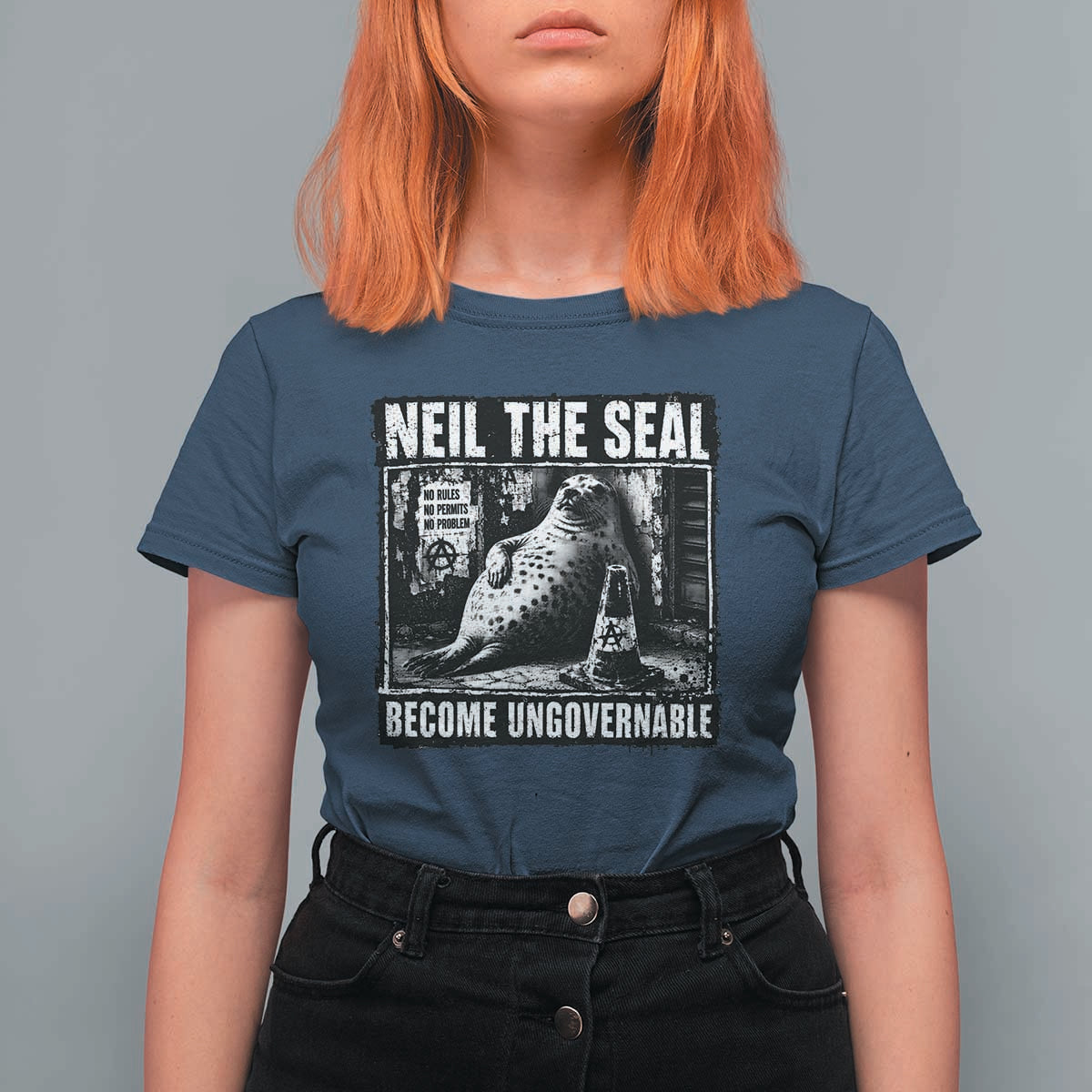 Punk Rock Neil the Seal Become Ungovernable Poster Style T Shirt For Women Funny Viral Chaotic Elephant Seal Traffic Cone Meme