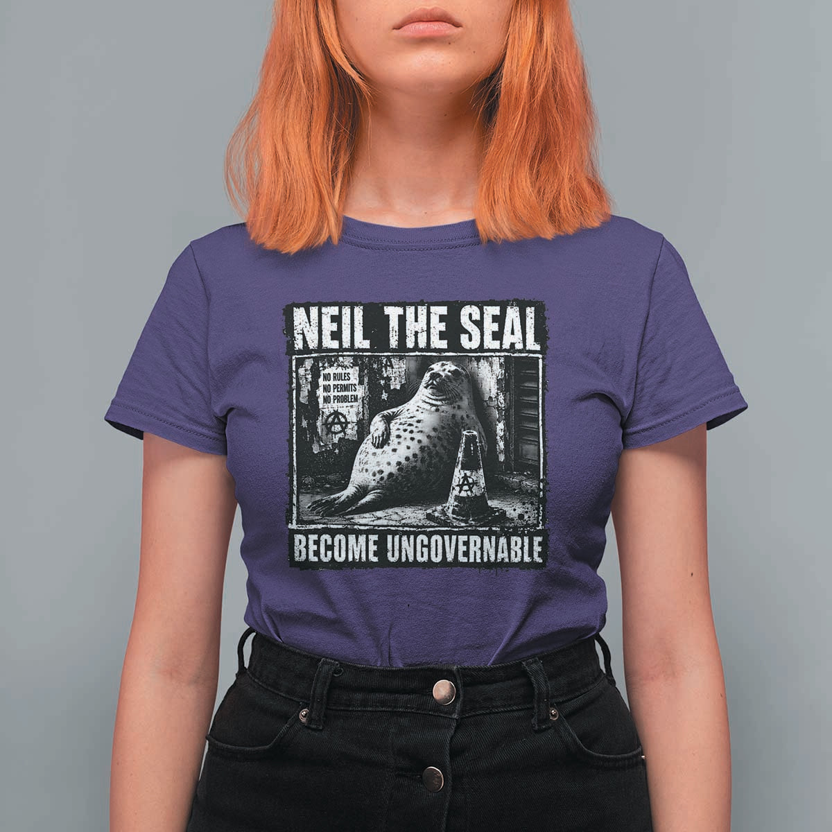 Punk Rock Neil the Seal Become Ungovernable Poster Style T Shirt For Women Funny Viral Chaotic Elephant Seal Traffic Cone Meme