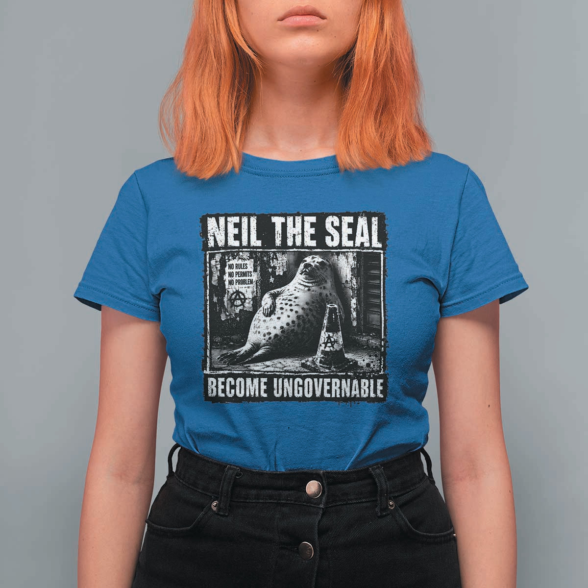 Punk Rock Neil the Seal Become Ungovernable Poster Style T Shirt For Women Funny Viral Chaotic Elephant Seal Traffic Cone Meme