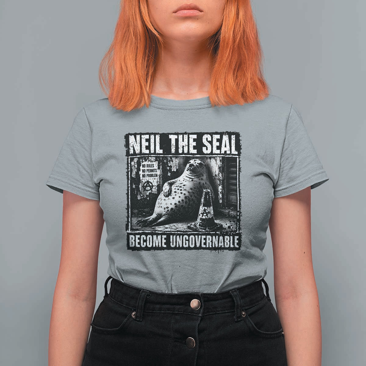 Punk Rock Neil the Seal Become Ungovernable Poster Style T Shirt For Women Funny Viral Chaotic Elephant Seal Traffic Cone Meme