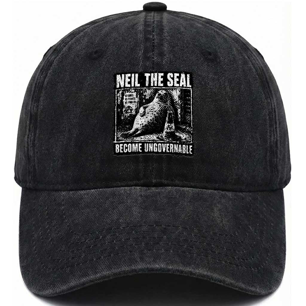 Punk Rock Neil the Seal Become Ungovernable Poster Style Washed Cotton Baseball Cap Funny Viral Chaotic Elephant Seal Traffic Cone Meme