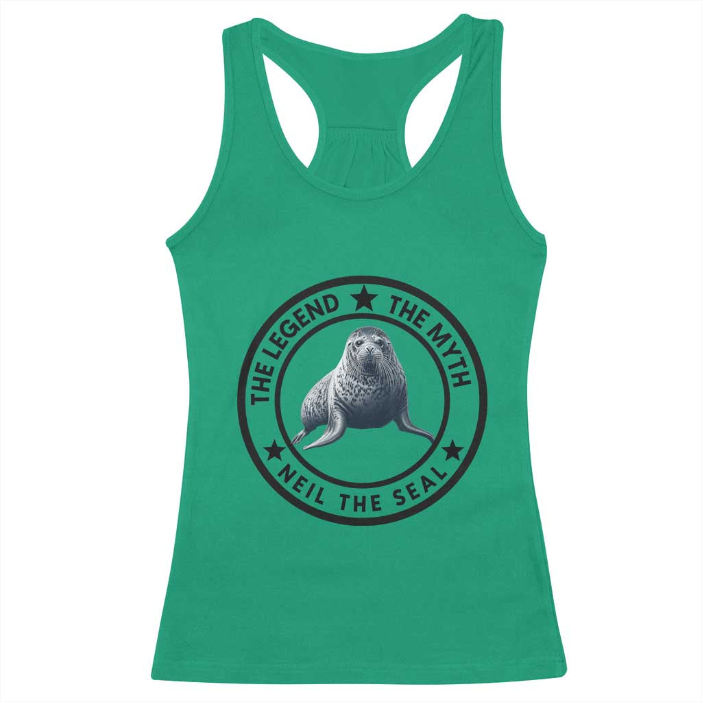 The Legend The Myth Neil The Seal Emblem Graphic Racerback Tank Top Funny Viral Southern Elephant Seal Meme