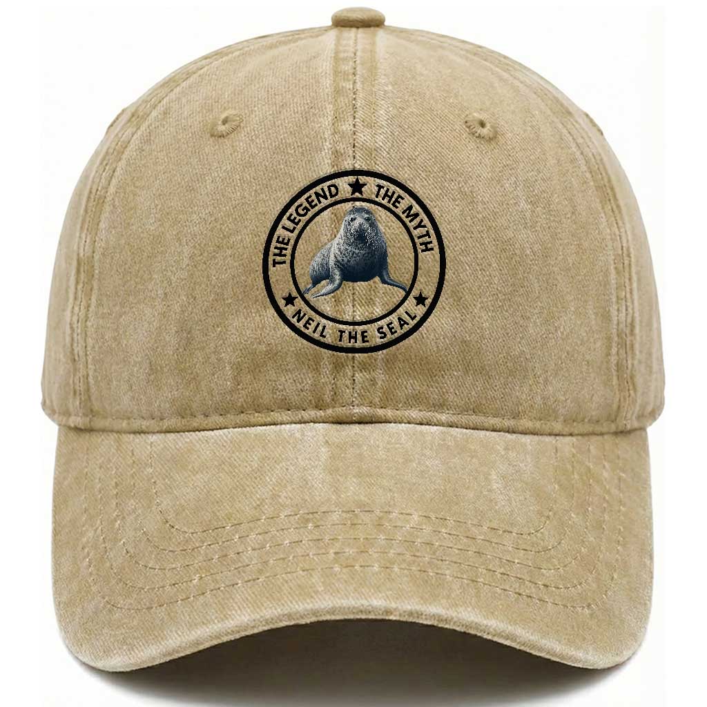 The Legend The Myth Neil The Seal Emblem Graphic Washed Cotton Baseball Cap Funny Viral Southern Elephant Seal Meme
