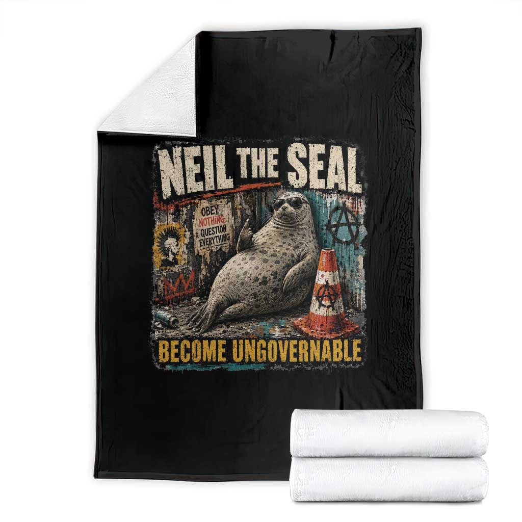 Edgy Neil the Seal Become Ungovernable Graffiti Graphic Throw Blanket Sarcastic Rebel Viral Chaotic Elephant Seal Sunglasses Meme