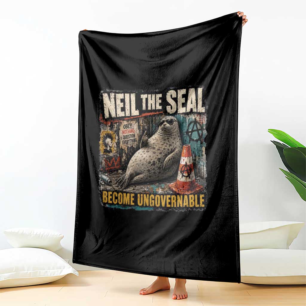 Edgy Neil the Seal Become Ungovernable Graffiti Graphic Throw Blanket Sarcastic Rebel Viral Chaotic Elephant Seal Sunglasses Meme