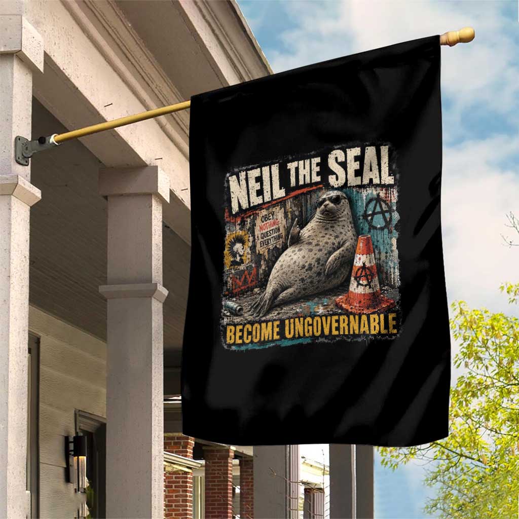 Edgy Neil the Seal Become Ungovernable Graffiti Graphic Garden Flag Sarcastic Rebel Viral Chaotic Elephant Seal Sunglasses Meme
