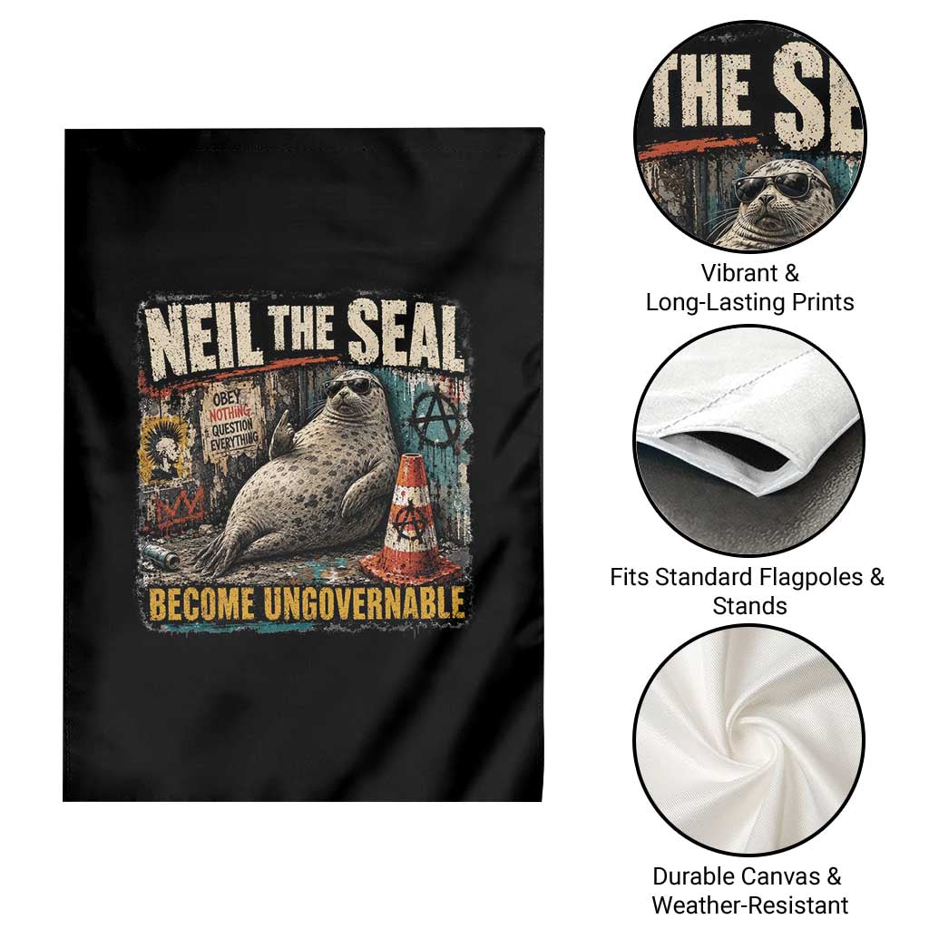 Edgy Neil the Seal Become Ungovernable Graffiti Graphic Garden Flag Sarcastic Rebel Viral Chaotic Elephant Seal Sunglasses Meme
