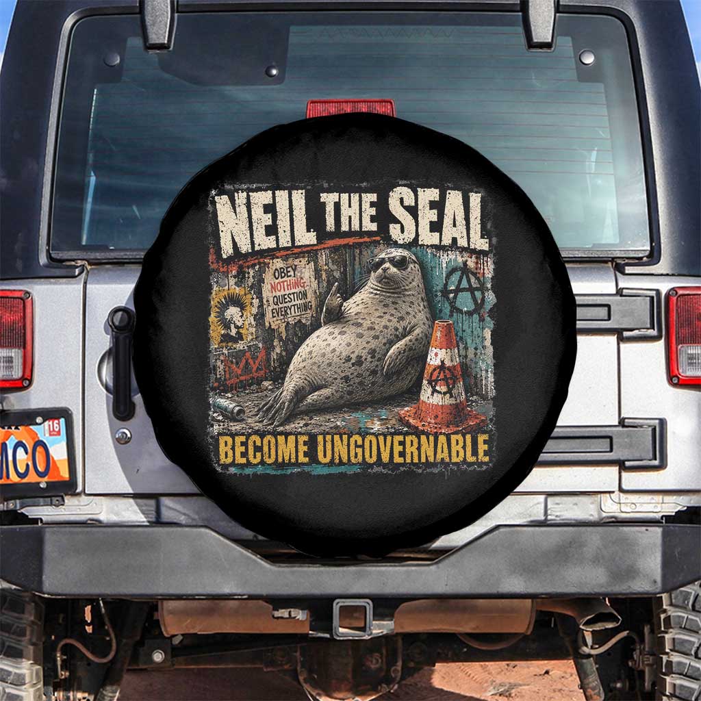 Edgy Neil the Seal Become Ungovernable Graffiti Graphic Spare Tire Cover Sarcastic Rebel Viral Chaotic Elephant Seal Sunglasses Meme