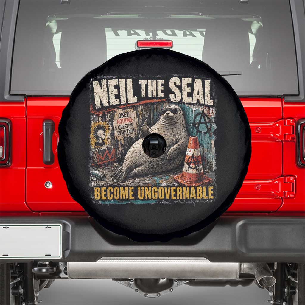 Edgy Neil the Seal Become Ungovernable Graffiti Graphic Spare Tire Cover Sarcastic Rebel Viral Chaotic Elephant Seal Sunglasses Meme