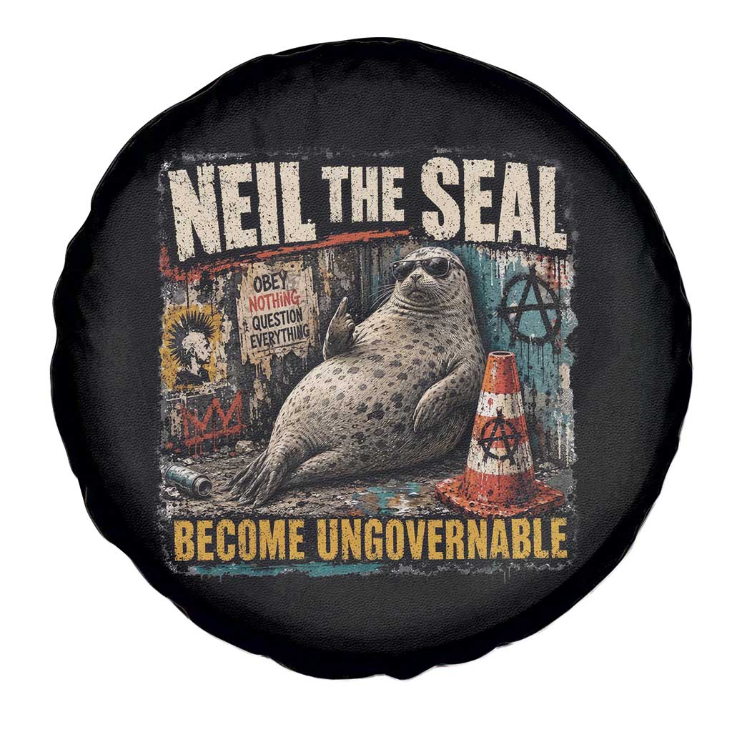 Edgy Neil the Seal Become Ungovernable Graffiti Graphic Spare Tire Cover Sarcastic Rebel Viral Chaotic Elephant Seal Sunglasses Meme