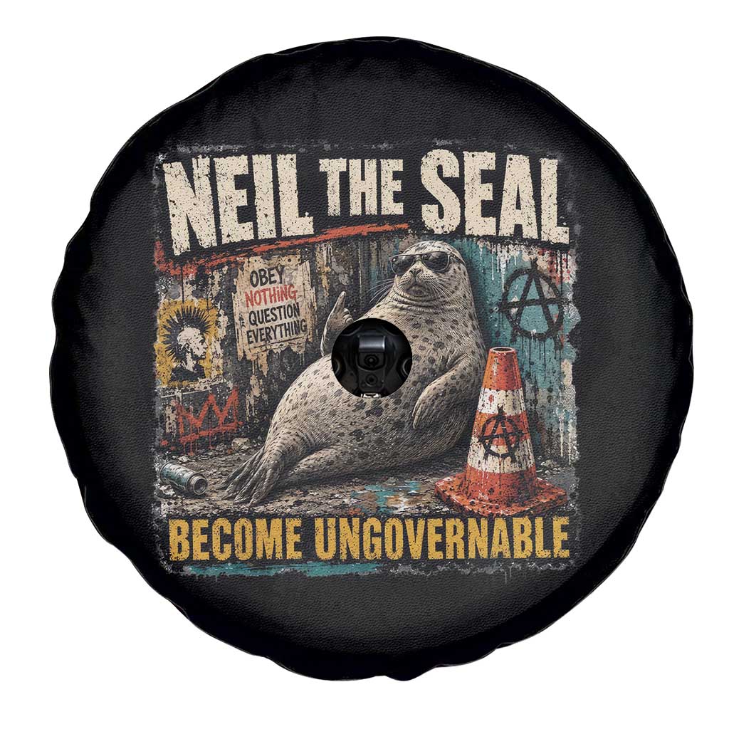Edgy Neil the Seal Become Ungovernable Graffiti Graphic Spare Tire Cover Sarcastic Rebel Viral Chaotic Elephant Seal Sunglasses Meme