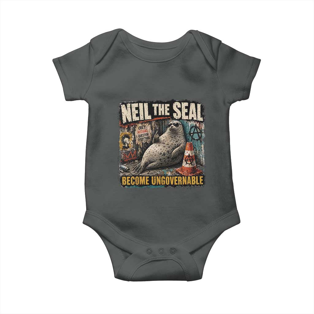 Edgy Neil the Seal Become Ungovernable Graffiti Graphic Baby Onesie Sarcastic Rebel Viral Chaotic Elephant Seal Sunglasses Meme