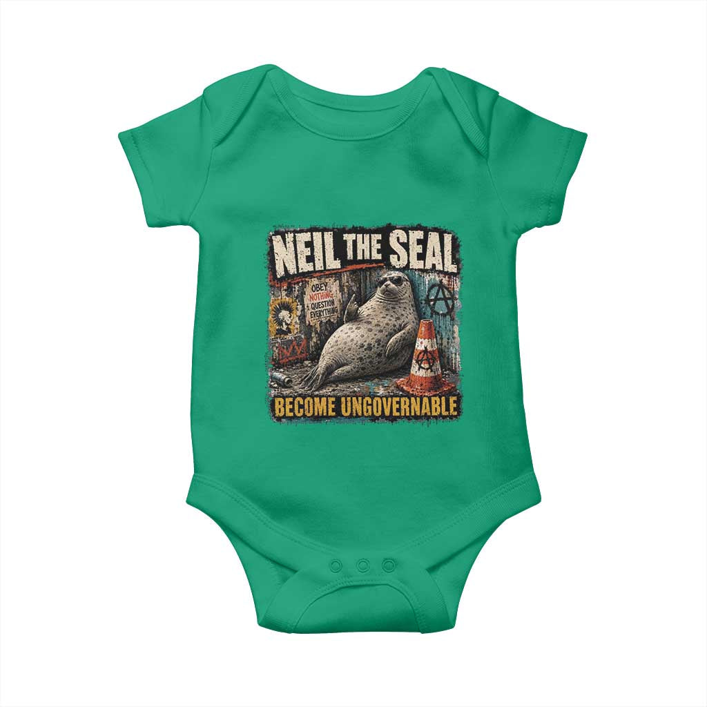 Edgy Neil the Seal Become Ungovernable Graffiti Graphic Baby Onesie Sarcastic Rebel Viral Chaotic Elephant Seal Sunglasses Meme