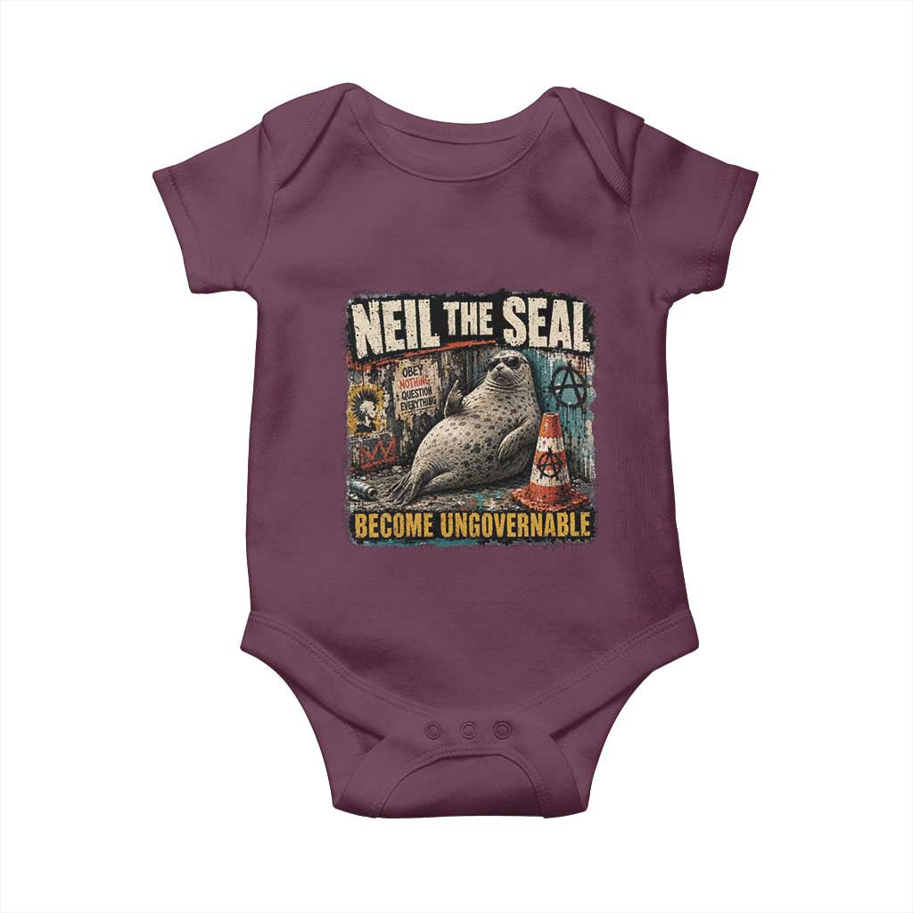 Edgy Neil the Seal Become Ungovernable Graffiti Graphic Baby Onesie Sarcastic Rebel Viral Chaotic Elephant Seal Sunglasses Meme
