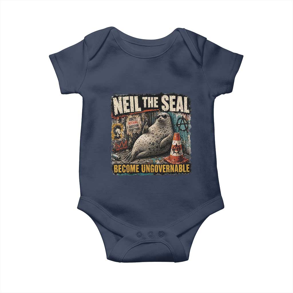 Edgy Neil the Seal Become Ungovernable Graffiti Graphic Baby Onesie Sarcastic Rebel Viral Chaotic Elephant Seal Sunglasses Meme