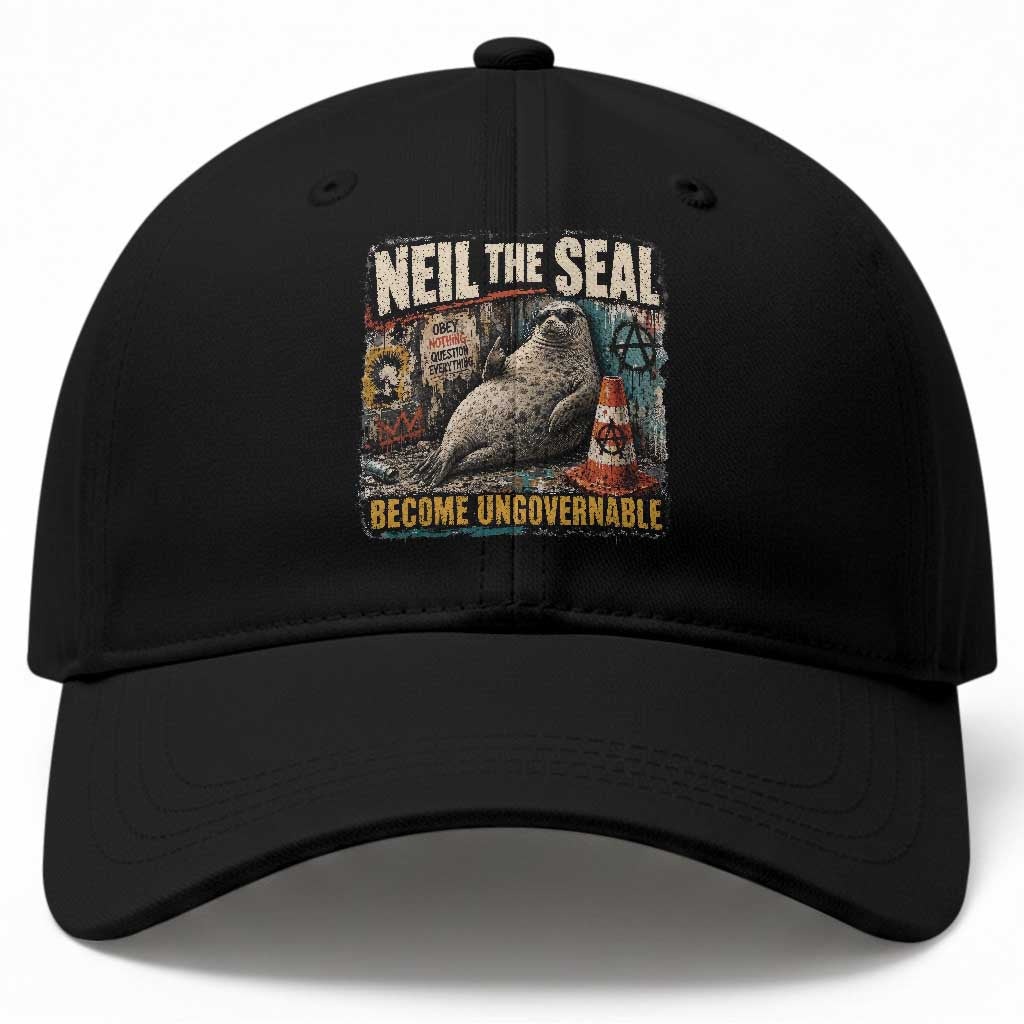 Edgy Neil the Seal Become Ungovernable Graffiti Graphic Baseball Cap Sarcastic Rebel Viral Chaotic Elephant Seal Sunglasses Meme
