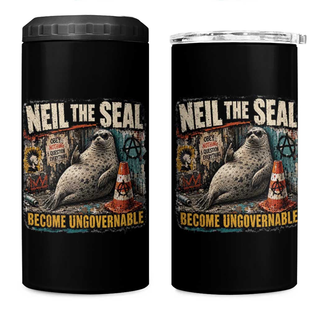 Edgy Neil the Seal Become Ungovernable Graffiti Graphic 4 in 1 Can Cooler Tumbler Sarcastic Rebel Viral Chaotic Elephant Seal Sunglasses Meme