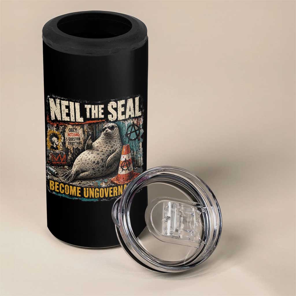 Edgy Neil the Seal Become Ungovernable Graffiti Graphic 4 in 1 Can Cooler Tumbler Sarcastic Rebel Viral Chaotic Elephant Seal Sunglasses Meme