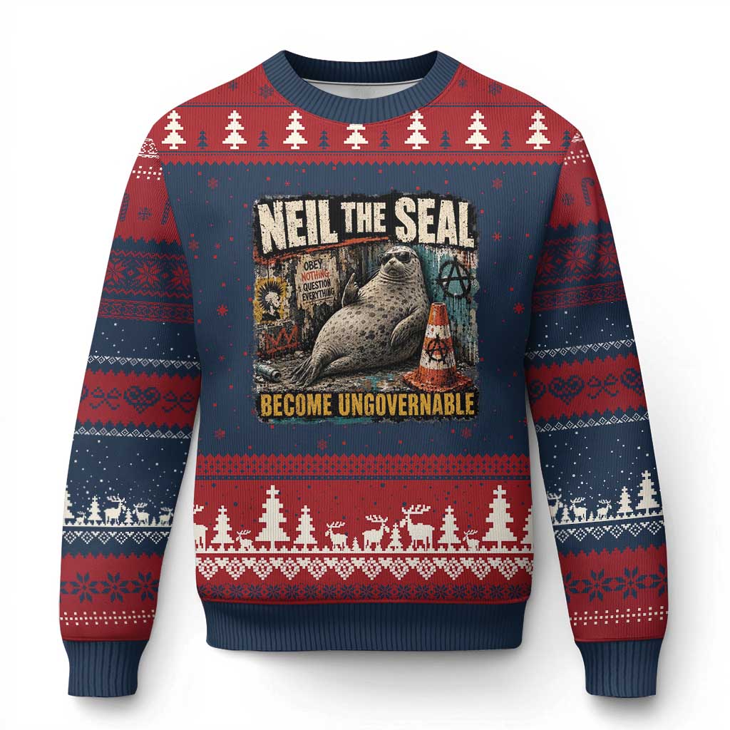 Edgy Neil the Seal Become Ungovernable Graffiti Graphic Ugly Christmas Sweater Sarcastic Rebel Viral Chaotic Elephant Seal Sunglasses Meme