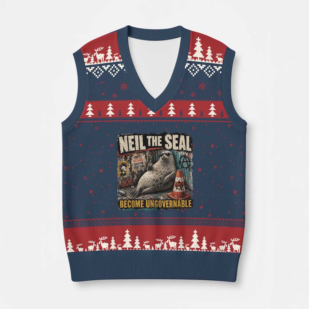 Edgy Neil the Seal Become Ungovernable Graffiti Graphic V-Neck Knit Sweater Vest Sarcastic Rebel Viral Chaotic Elephant Seal Sunglasses Meme