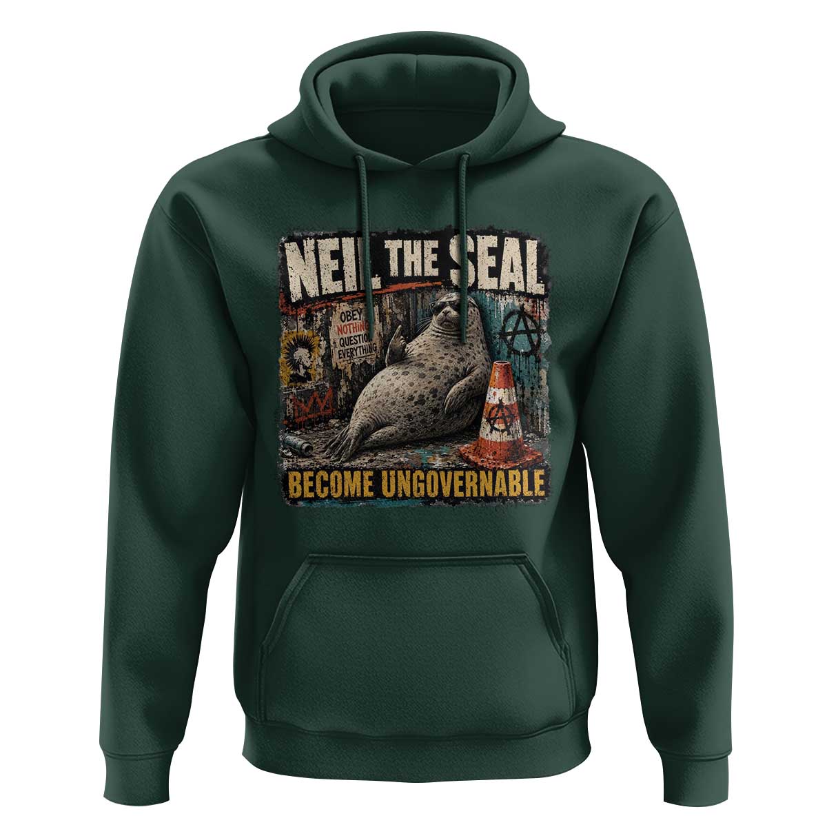 Edgy Neil the Seal Become Ungovernable Graffiti Graphic Hoodie Sarcastic Rebel Viral Chaotic Elephant Seal Sunglasses Meme