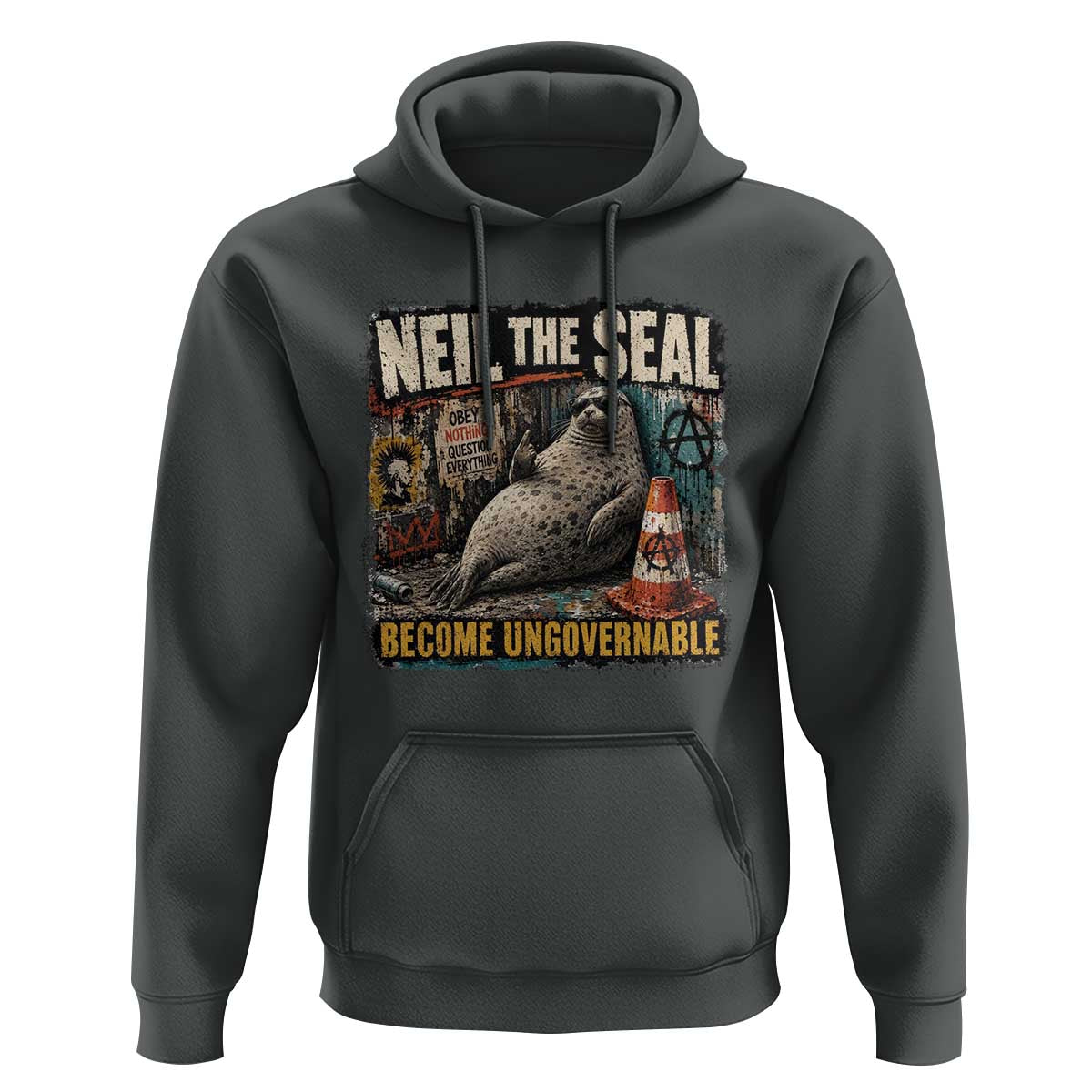 Edgy Neil the Seal Become Ungovernable Graffiti Graphic Hoodie Sarcastic Rebel Viral Chaotic Elephant Seal Sunglasses Meme