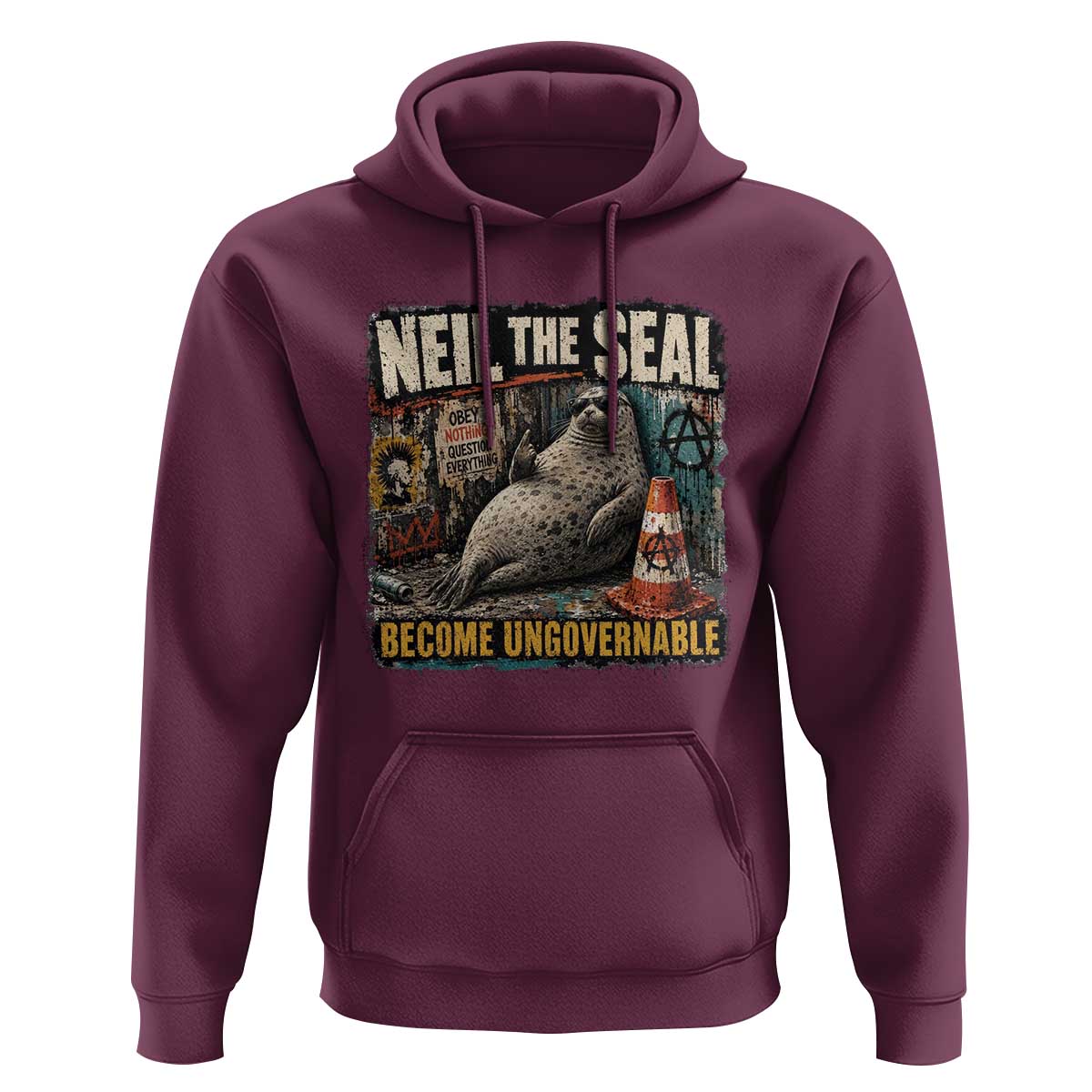 Edgy Neil the Seal Become Ungovernable Graffiti Graphic Hoodie Sarcastic Rebel Viral Chaotic Elephant Seal Sunglasses Meme