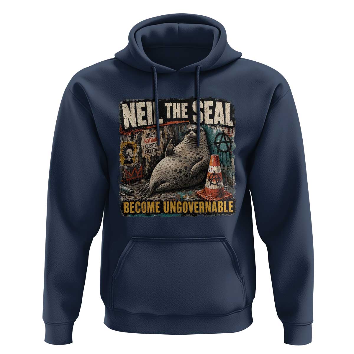 Edgy Neil the Seal Become Ungovernable Graffiti Graphic Hoodie Sarcastic Rebel Viral Chaotic Elephant Seal Sunglasses Meme