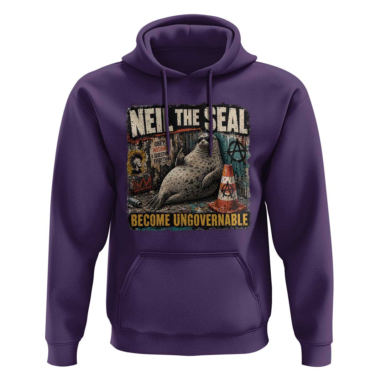 Edgy Neil the Seal Become Ungovernable Graffiti Graphic Hoodie Sarcastic Rebel Viral Chaotic Elephant Seal Sunglasses Meme
