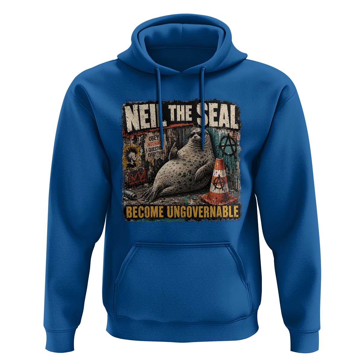 Edgy Neil the Seal Become Ungovernable Graffiti Graphic Hoodie Sarcastic Rebel Viral Chaotic Elephant Seal Sunglasses Meme