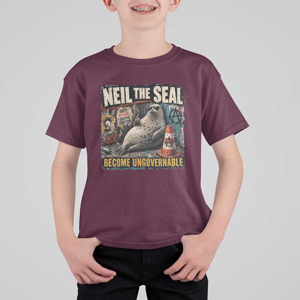 Edgy Neil the Seal Become Ungovernable Graffiti Graphic T Shirt For Kid Sarcastic Rebel Viral Chaotic Elephant Seal Sunglasses Meme