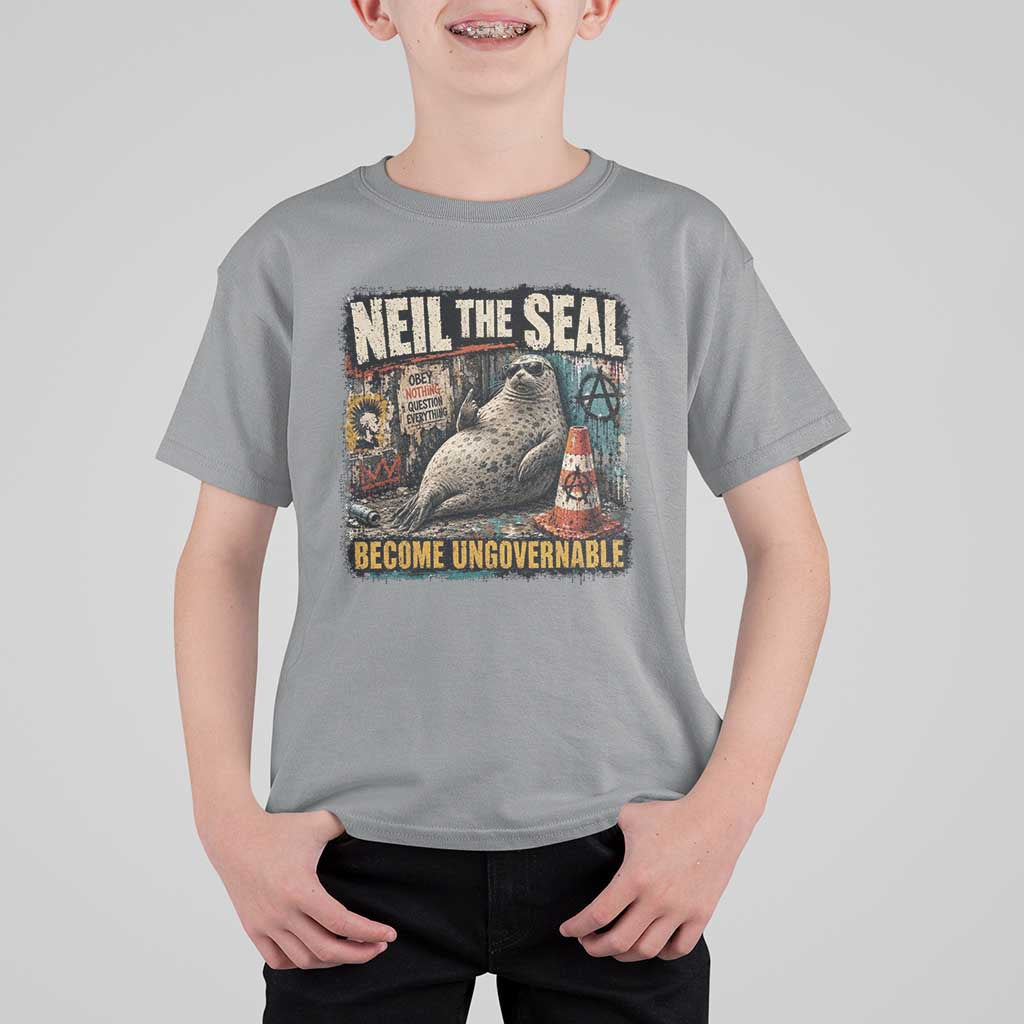 Edgy Neil the Seal Become Ungovernable Graffiti Graphic T Shirt For Kid Sarcastic Rebel Viral Chaotic Elephant Seal Sunglasses Meme