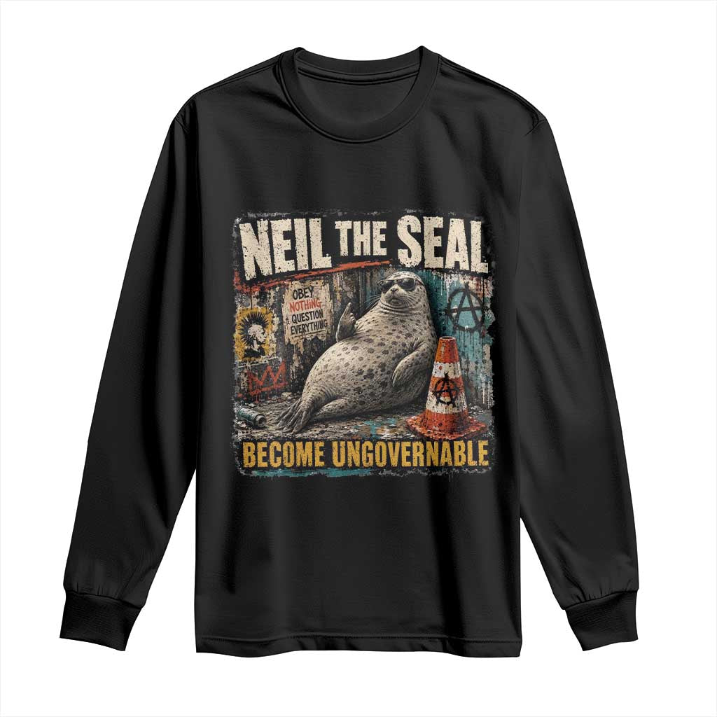 Edgy Neil the Seal Become Ungovernable Graffiti Graphic Long Sleeve Shirt Sarcastic Rebel Viral Chaotic Elephant Seal Sunglasses Meme