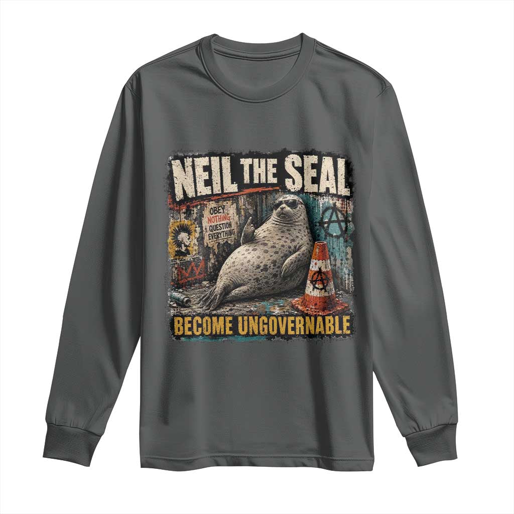 Edgy Neil the Seal Become Ungovernable Graffiti Graphic Long Sleeve Shirt Sarcastic Rebel Viral Chaotic Elephant Seal Sunglasses Meme