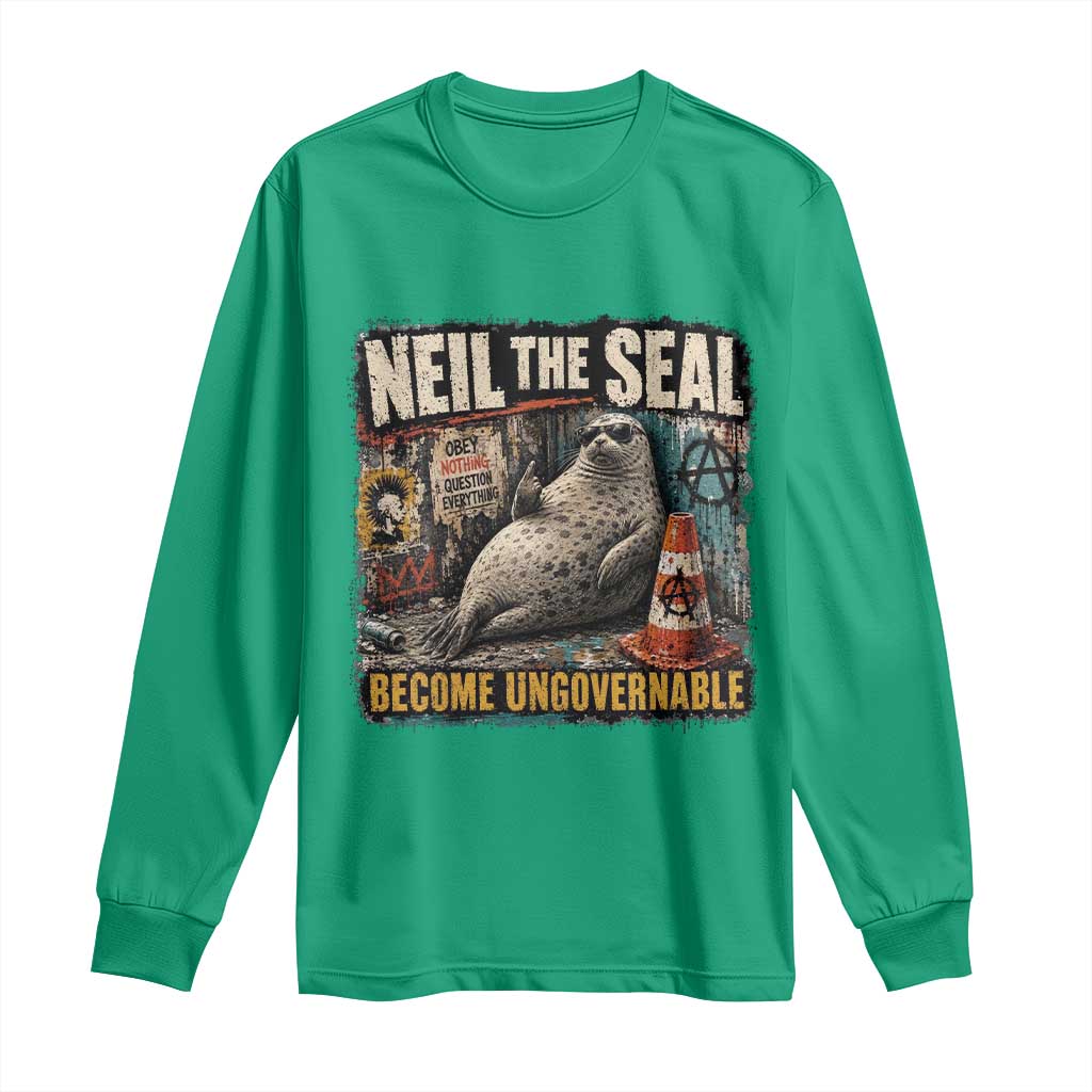 Edgy Neil the Seal Become Ungovernable Graffiti Graphic Long Sleeve Shirt Sarcastic Rebel Viral Chaotic Elephant Seal Sunglasses Meme