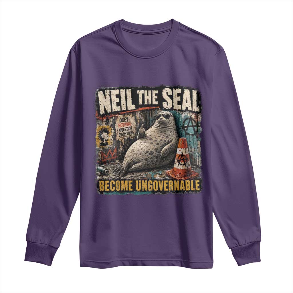 Edgy Neil the Seal Become Ungovernable Graffiti Graphic Long Sleeve Shirt Sarcastic Rebel Viral Chaotic Elephant Seal Sunglasses Meme