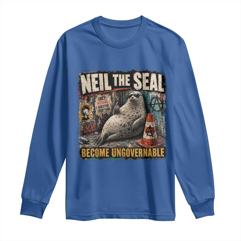 Edgy Neil the Seal Become Ungovernable Graffiti Graphic Long Sleeve Shirt Sarcastic Rebel Viral Chaotic Elephant Seal Sunglasses Meme