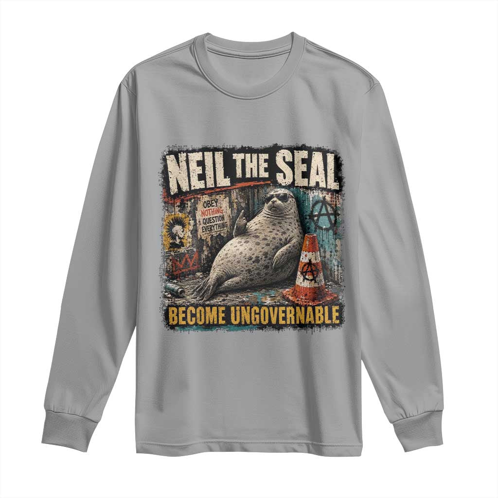 Edgy Neil the Seal Become Ungovernable Graffiti Graphic Long Sleeve Shirt Sarcastic Rebel Viral Chaotic Elephant Seal Sunglasses Meme